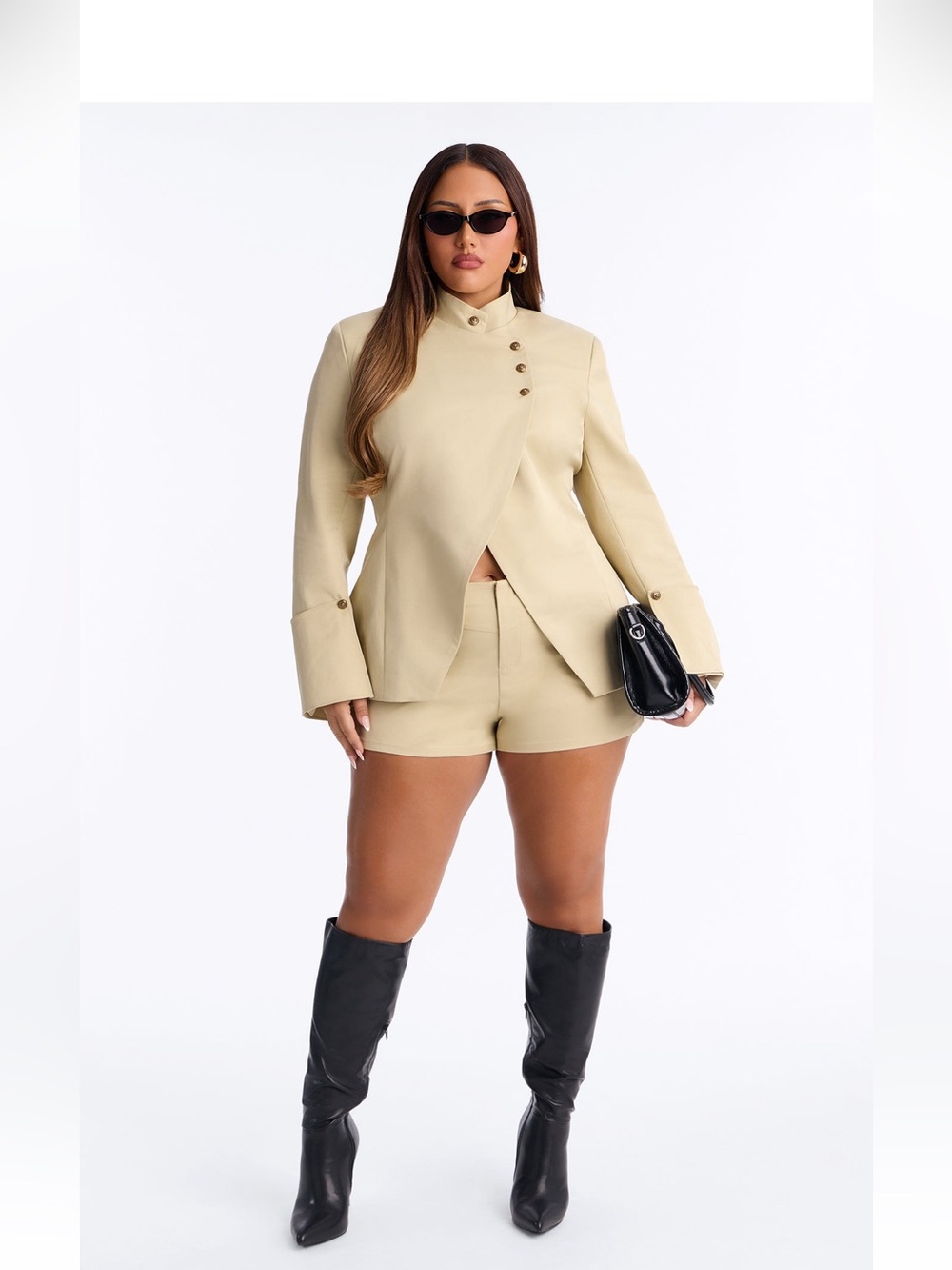 Fashion Nova Asymmetric Button-Front Blazer in Beige